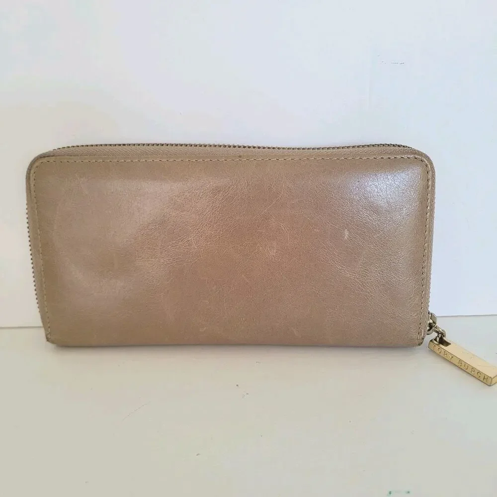 Tory‎ Burch Beige Bow Leather Zip Around Large Wallet Long Clutch Logo